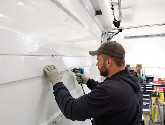 Riverview Garage Door Repair technician demonstrating precision dent removal techniques on a Riverview garage door