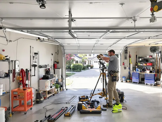 Riverview Garage Door Repair specialist performing laser-guided track alignment in Riverview